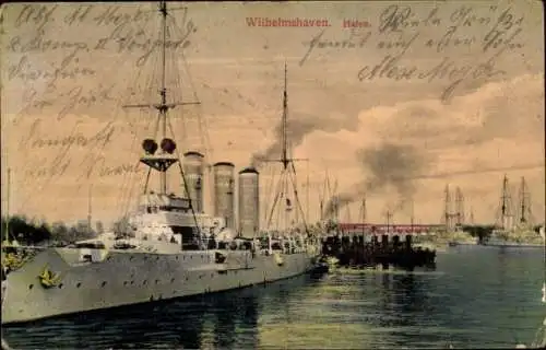 Ak Wilhelmshaven, deutsches Kriegsschiff im Hafen, Kaiserliche Marine