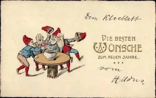 Ak Glückwunsch Neujahr, Zwerge trinken Punsch