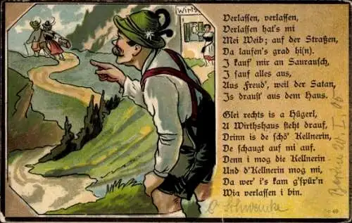 Ak Liebespaar, Amor, Gedicht, Verlassen, hat's mit Mei Weib, auf der Straßen...