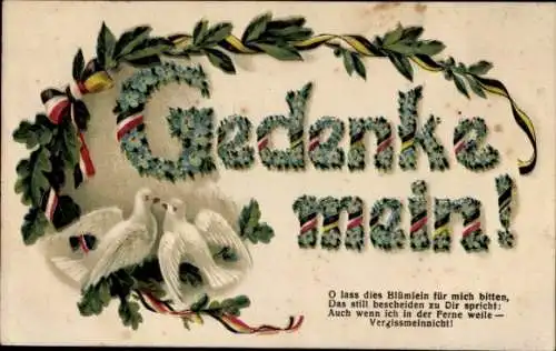 Präge Ak Gedenke mein, Tauben, Lorbeer, Eichenlaub, Soldatenliebe