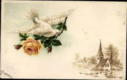 Ak Taube mit Rose im Schnabel, Kirche