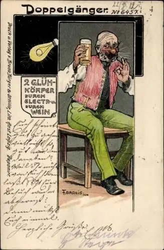 Künstler Litho Gareis, F., Doppelgänger, Glühbirne, Mann mit Bierglas, Rote Nase, Betrunkener