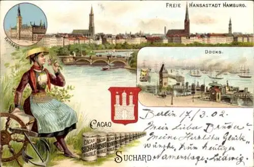 Litho Hansestadt Hamburg, Panorama, Rathaus, Docks, Frau in Tracht, Cacao Suchard