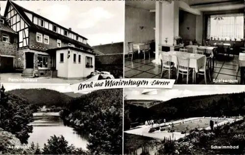 Ak Marienhagen Vöhl Hessen, Pensionshaus, Speiseraum, Aselbucht, Schwimmbad