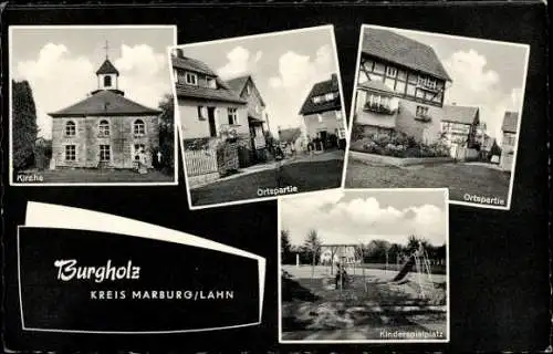 Ak Burgholz Kirchhain in Hessen, Kirche, Ortspartie, Kinderspielplatz