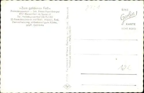 Ak Hessenthal Mespelbrunn, Fremdenpension Zum goldenen Faß, Inhaber Franz Rosenberger, Auto