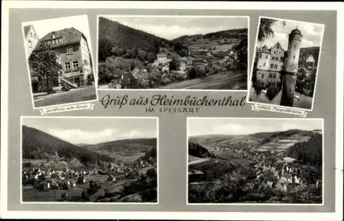 Ak Heimbuchenthal im Spessart, Gasthaus zur Linde, Schloss Mespelbrunn, Panorama