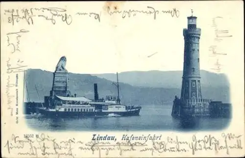 Ak Lindau am Bodensee Schwaben, Hafeneinfahrt, Leuchtturm, Dampfer