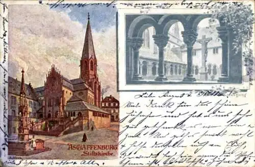 Künstler Ak Aschaffenburg in Unterfranken, Stiftskirche, Brunnen, Kreuzgang