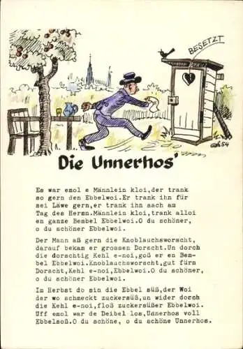 Ak Darmstadt in Hessen, Gesangshumorist, die Unnerhos', Gedicht, Plumpsklo
