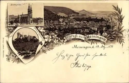 Litho Meiningen in Thüringen, Stadtkirche, Schloss Landsburg, Panorama