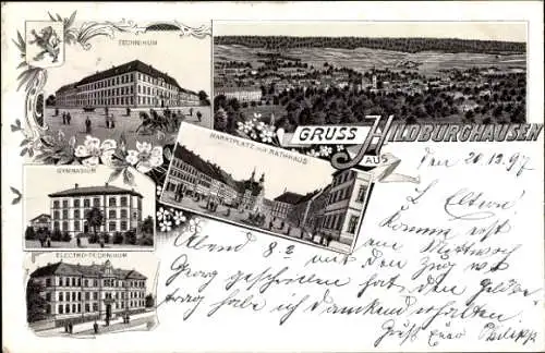 Litho Hildburghausen in Thüringen, Technikum, Marktplatz, Rathaus, Gymnasium, Elektro-Technikum