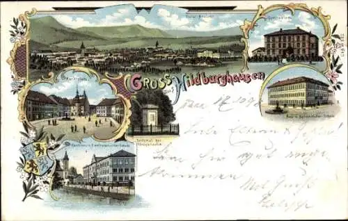 Litho Hildburghausen in Thüringen, Marktplatz, Maschinenschule, Gymnasium, Bauschule