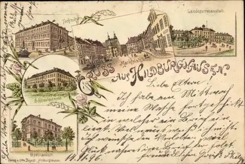 Litho Hildburghausen Thüringen, Marktplatz, Gymnasium, Schlosskaserne, Landesirrenanstalt, Technikum