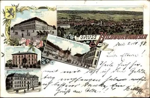 Litho Hildburghausen Thüringen, Marktplatz, Rathaus, Gymnasium, Technikum, Elektro-Technikum