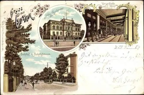 Litho Gotha Thüringen, Lebensversicherungsbank, Urnenhalle, Bahnhof, Bahnhofstraße