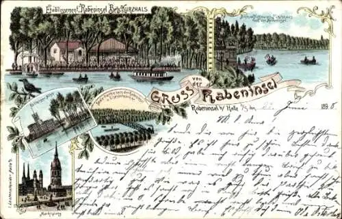 Litho Böllberg Wörmlitz Halle an der Saale, Etablissement Rabeninsel, Kurzhals, Marktplatz