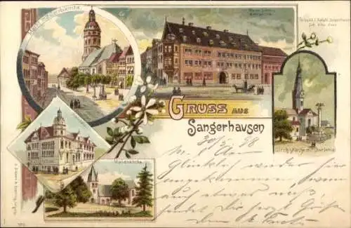 Litho Sangerhausen am Südharz, Jacobikirche, Kreishaus, Amtsgericht, Ulrichs Kirche, Marienkirche
