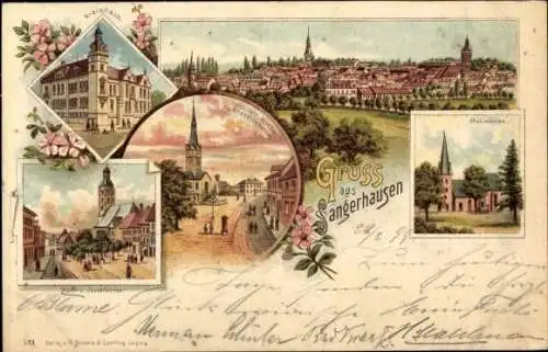 Litho Sangerhausen am Südharz, Kreishaus, Marienkirche, Jacobikirche, Kriegerdenkmal, Panorama
