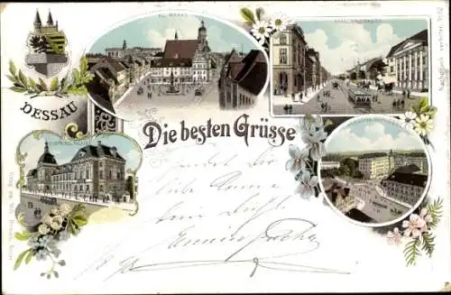 Litho Dessau Sachsen Anhalt, Markt, Kavalierstraße, Herzogl. Schloss, Wappen