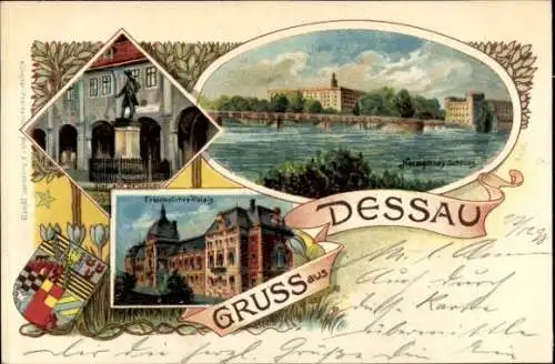 Litho Dessau, Herzogliches Schloss, Erbprinzliches Palais, Denkmal Der alte Dessauer, Wappen