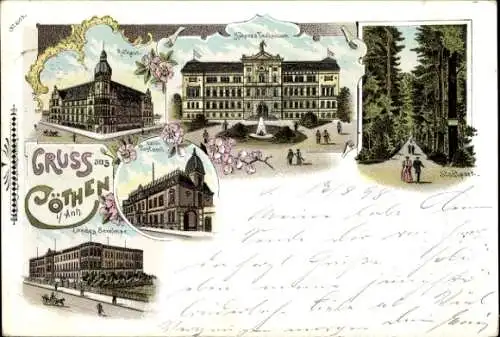 Litho Köthen in Anhalt, Höheres Technikum, Rathaus, Landesseminar, Postamt, Stadtpark