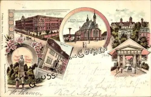 Litho Köthen in Anhalt, Landesseminar, Kirche, Kriegerdenkmal, Schloss, Rathaus, Magdeburger Tor