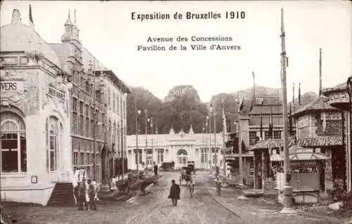 Ak Brüssel, Ausstellung 1910, Avenue des Concessions, Pavillon der Stadt Antwerpen