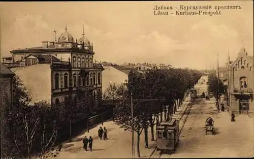 Ak Liepaja Libau Lettland, Kurhaus Prospekt, Straßenbahn, Passanten