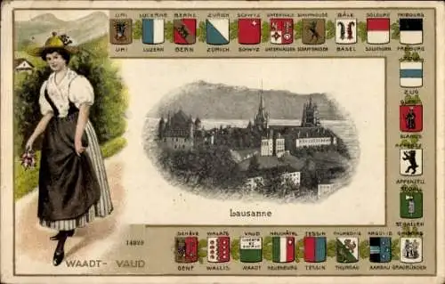 Präge Wappen Passepartout Ak Lausanne Kanton Waadt, Gesamtansicht, Frau in Tracht