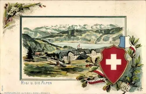 Präge Wappen Passepartout Litho Rigi Kulm Kanton Schwyz, Gesamtansicht, Alpen