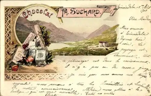 Ak Einsiedeln Kanton Schwyz Schweiz, Gesamtansicht, Chocolat Suchard, Reklame