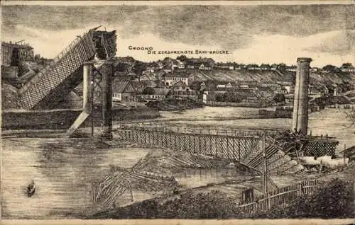 Künstler Ak Hrodna Grodno Weißrussland, Zersprengte Bahnbrücke