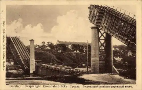 Ak Hrodna Grodno Weißrussland, Gesprengte Eisenbahnbrücke