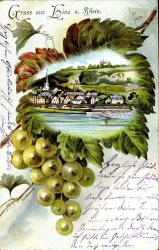 Weinblatt Litho Linz am Rhein, Stadtansicht, Weintrauben
