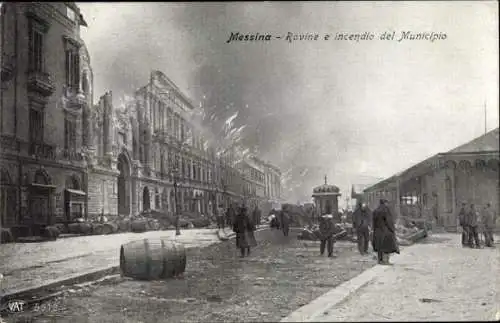 Ak Messina Sizilien, Rovine e incendio del Municipio