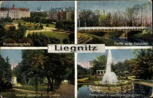 Ak Legnica Liegnitz Schlesien, Hindenburgplatz, Katzbach, Löwendenkmal, Palmenhain