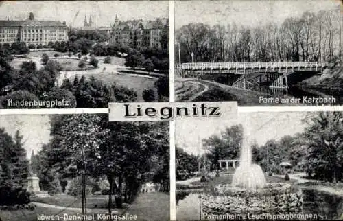 Ak Legnica Liegnitz Schlesien, Hindenburgplatz, Katzbach, Löwendenkmal, Palmenhain