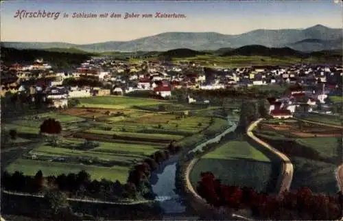 Ak Jelenia Góra Hirschberg Riesengebirge Schlesien, Gesamtansicht, Bober, Kaiserturm