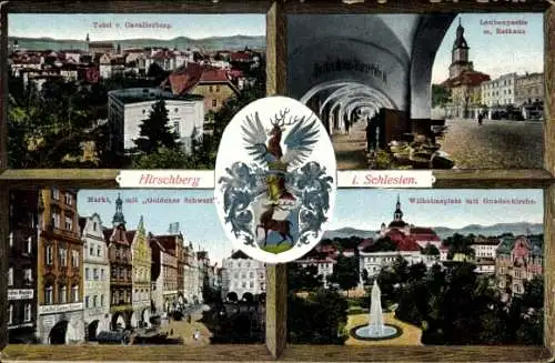 Ak Jelenia Góra Hirschberg Riesengebirge, Markt mit Goldenes Schwert, Wilhelmsplatz, Kirche