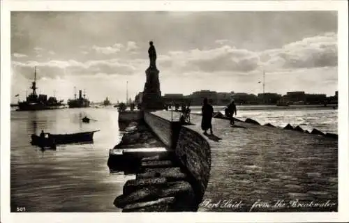 Ak Port Said Ägypten, Hafenpartie, Statue, Schiffe, Quai
