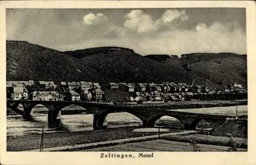 Ak Zeltingen an der Mosel, Gesamtansicht, Brücke