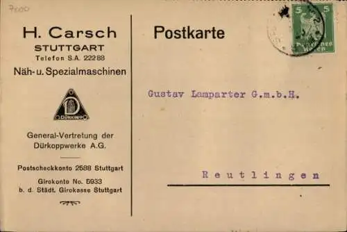 Ak Stuttgart in Württemberg, H. Carsch, Näh- und Spezialmaschinen, Werbung