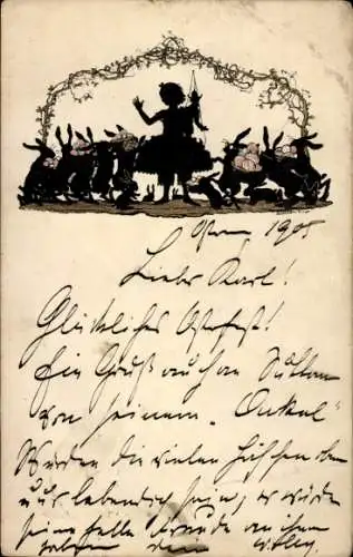 Scherenschnitt Ak Ostern, Mädchen, Hasen, Ostereier