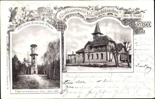 Ak Ernsee Gera in Thüringen, Etablissement Waldschlösschen, Wilhelm Gladitsch Turm