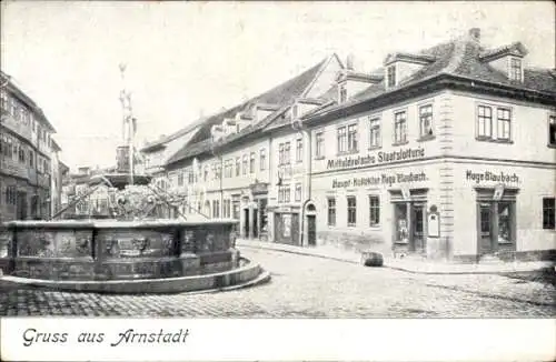 Ak Arnstadt in Thüringen, Springbrunnen, Mitteldeutsche Staatslotterie Hugo Blaubach