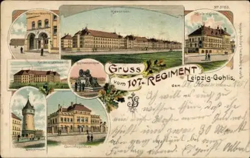 Litho Gohlis Leipzig in Sachsen, 107 Regiment, Kasernen, Offiziers Casino, Wasserturm, Gericht