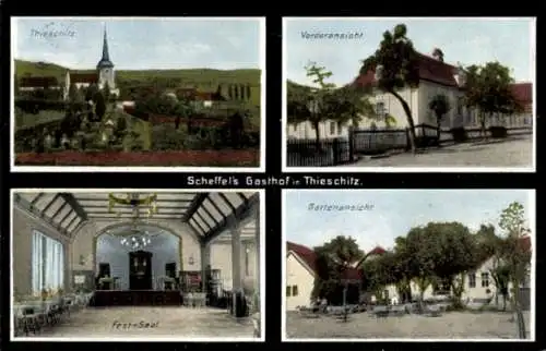 Ak Thieschitz Gera in Thüringen, Scheffel's Gasthaus, Garten, Kirche