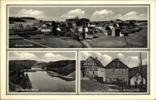 Ak Grochwitz Schleiz im Vogtland Thüringen, Gesamtansicht, Gasthaus, Talsperre