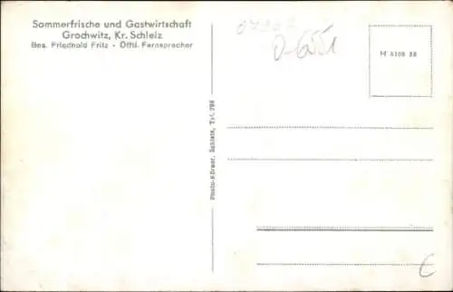 Ak Grochwitz Schleiz im Vogtland Thüringen, Gesamtansicht, Gasthaus, Talsperre